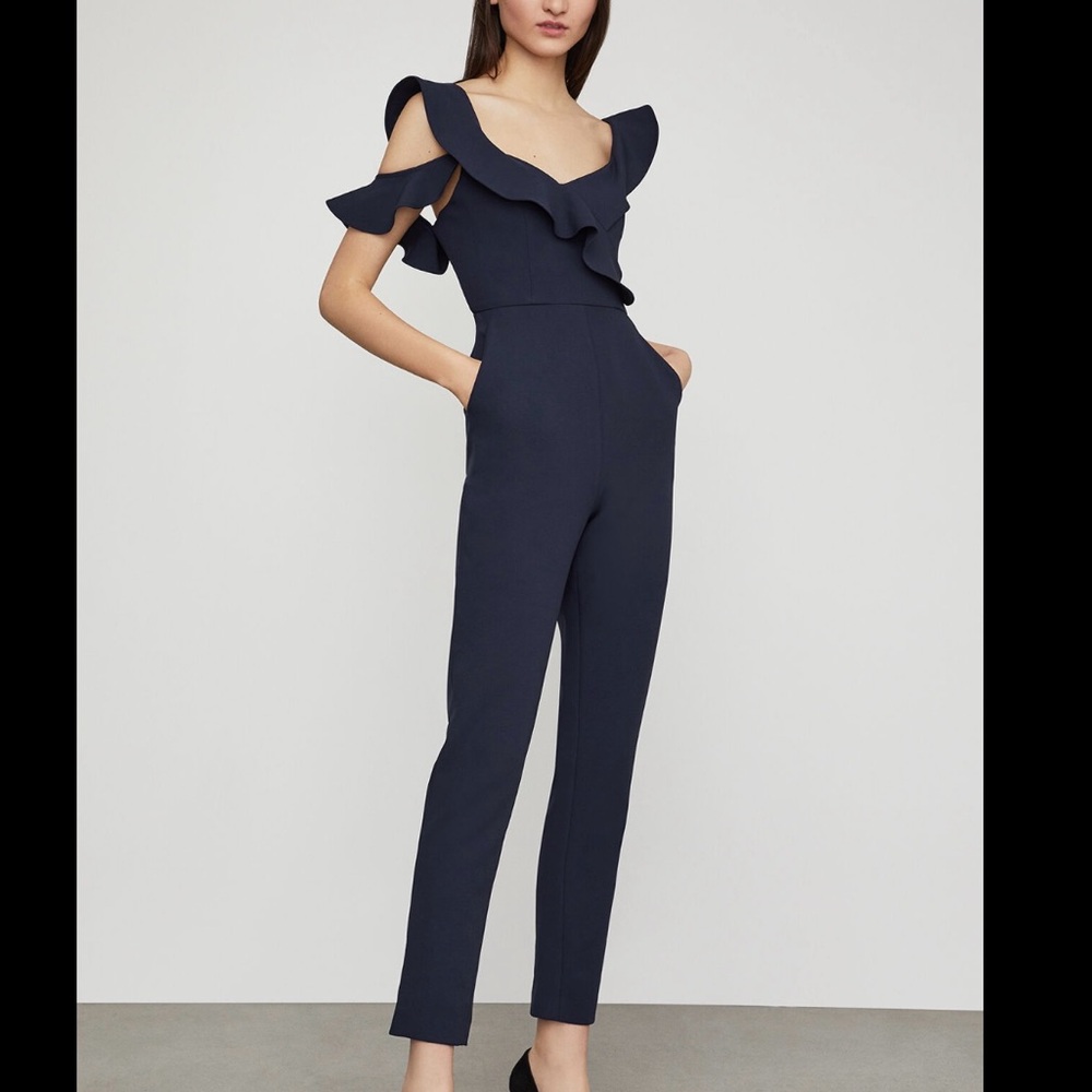 BCBG Maxazria ruffled cut out Elegant Navy Jumpsuit